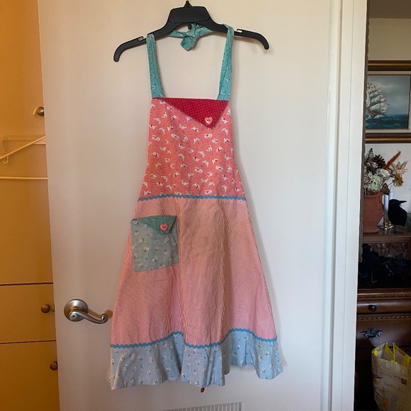 Handmade Peach/Blue Cotton Kitten Print Ruffle Apron Cottage OS - Picture 3 of 16